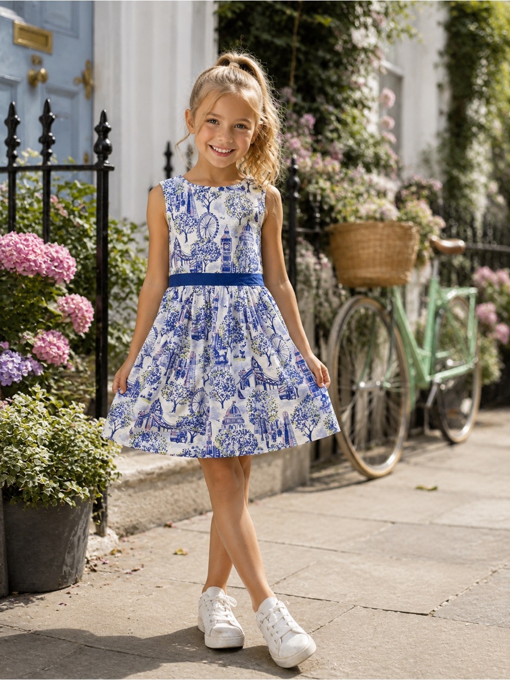 Cath Kidston Cath Kids London Landmark Blue Big Ben Tea Party Cotton Dress 5-6Y